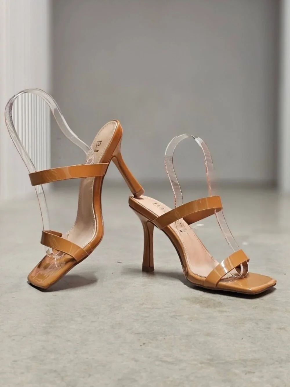 Strap Stiletto Heels With Square Toe & Tan Patent Faux Leather Accents For Women